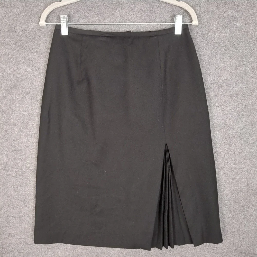 Talbots Petites Black 100% Wool Pencil Skirt Italian Fabric Pleated Vent Size 8P